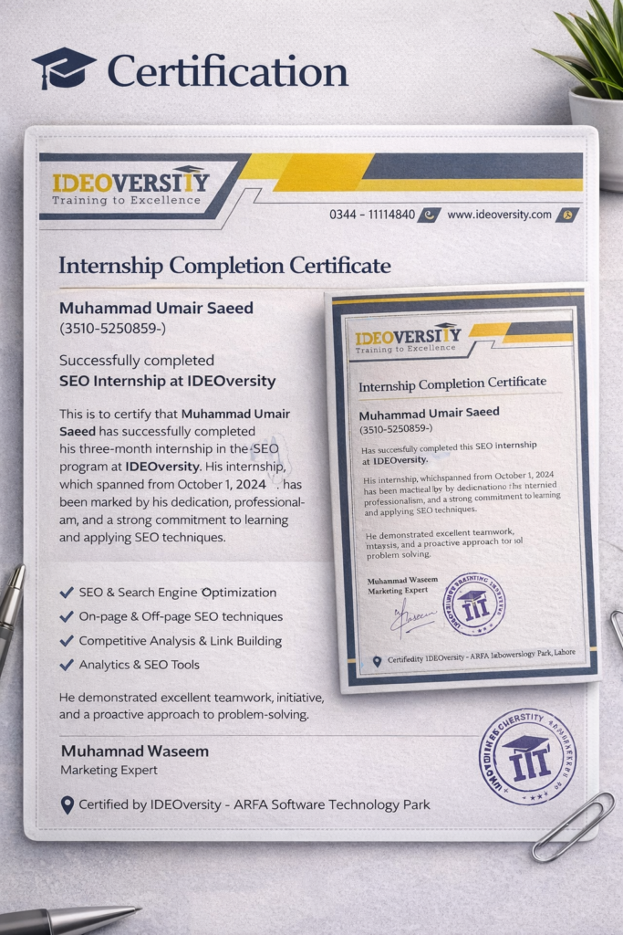Internship completion certificate for Muhammad Umair Saeed